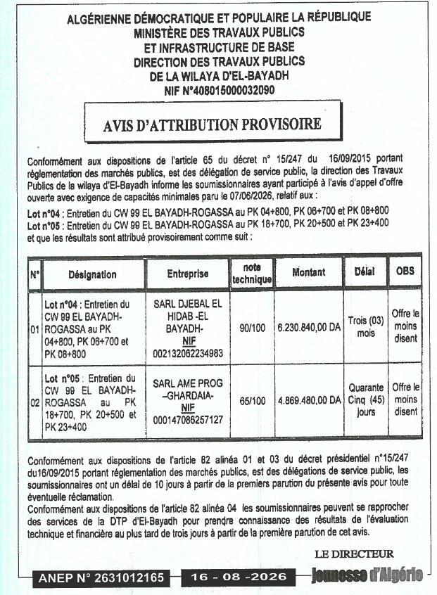 Avis d'attribution provisoire pour l'entretien de tronçons du CW 99 EL BAYADH-ROGASSA
