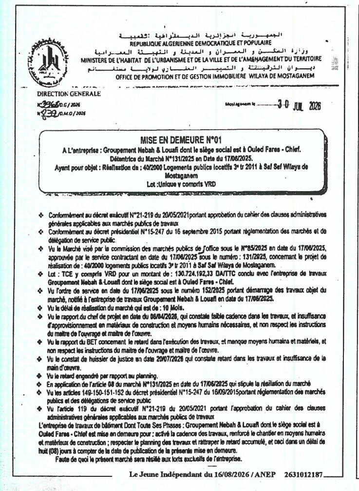 Mise en demeure à l'entreprise Groupement Nebah & Louafi pour retard dans la réalisation de logements publics locatifs