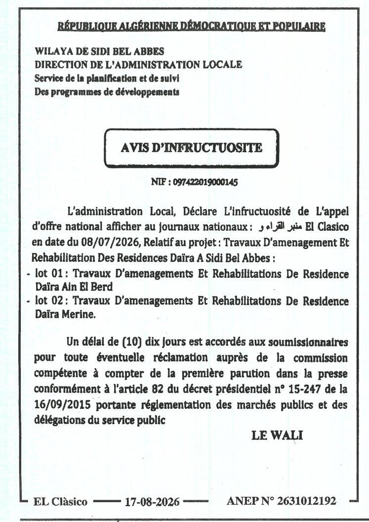 Avis d'infructuosité des travaux d'aménagement et de réhabilitation de résidences à Sidi Bel Abbès