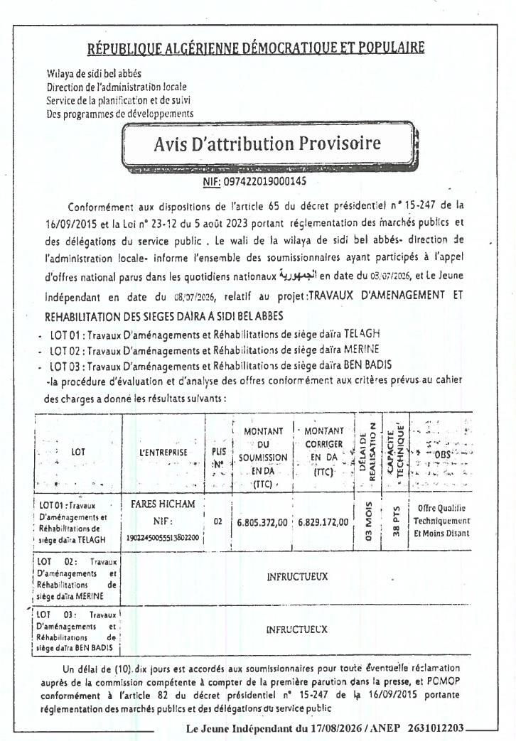 Avis d'attribution provisoire - Travaux d'aménagement et réhabilitation des sièges de daïra à Sidi Bel Abbès