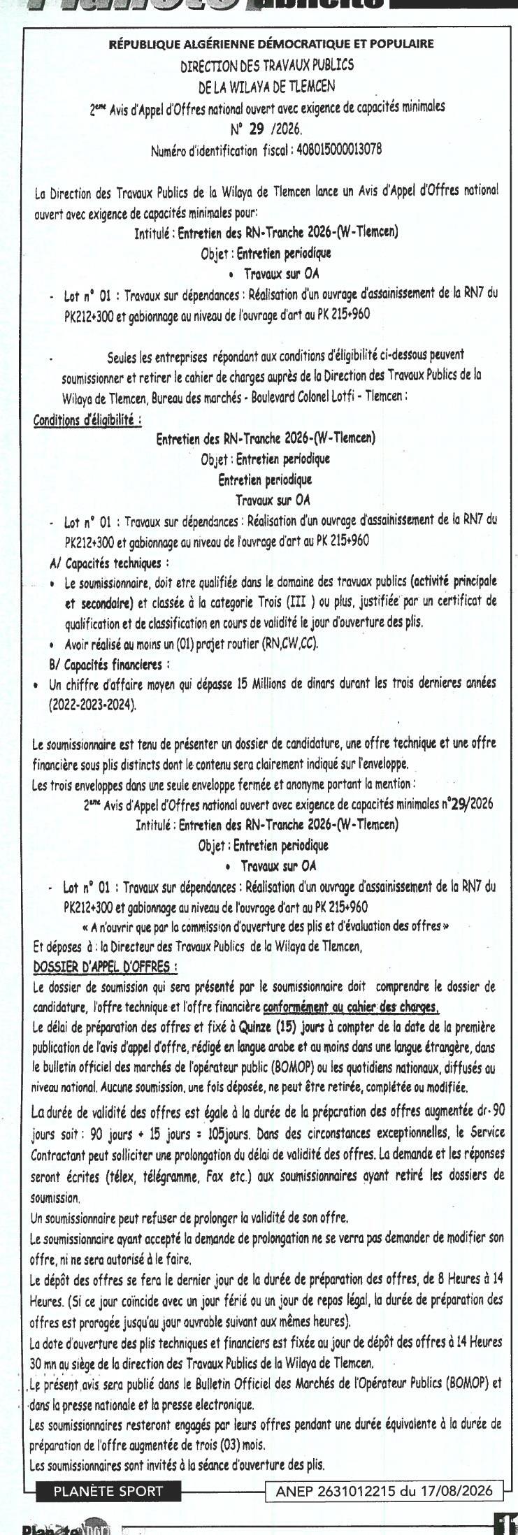 Entretien des RN - Tranche 2026 (W-Tlemcen)