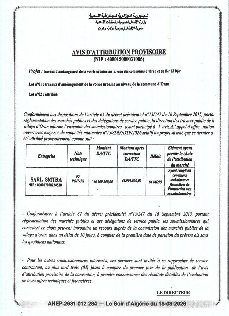 Avis d'attribution provisoire des travaux d'aménagement de la voirie urbaine