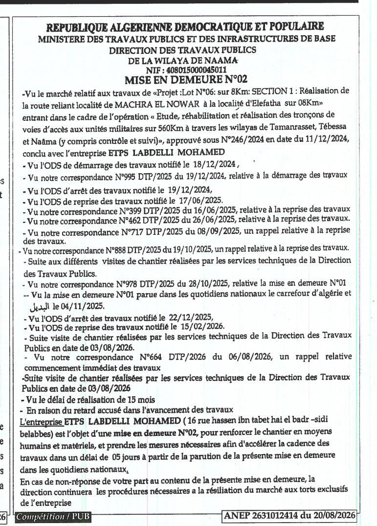 Mise en demeure pour travaux de réalisation de route reliant Machra El Nowar à Elefatha (Lot N°06, 8 km)