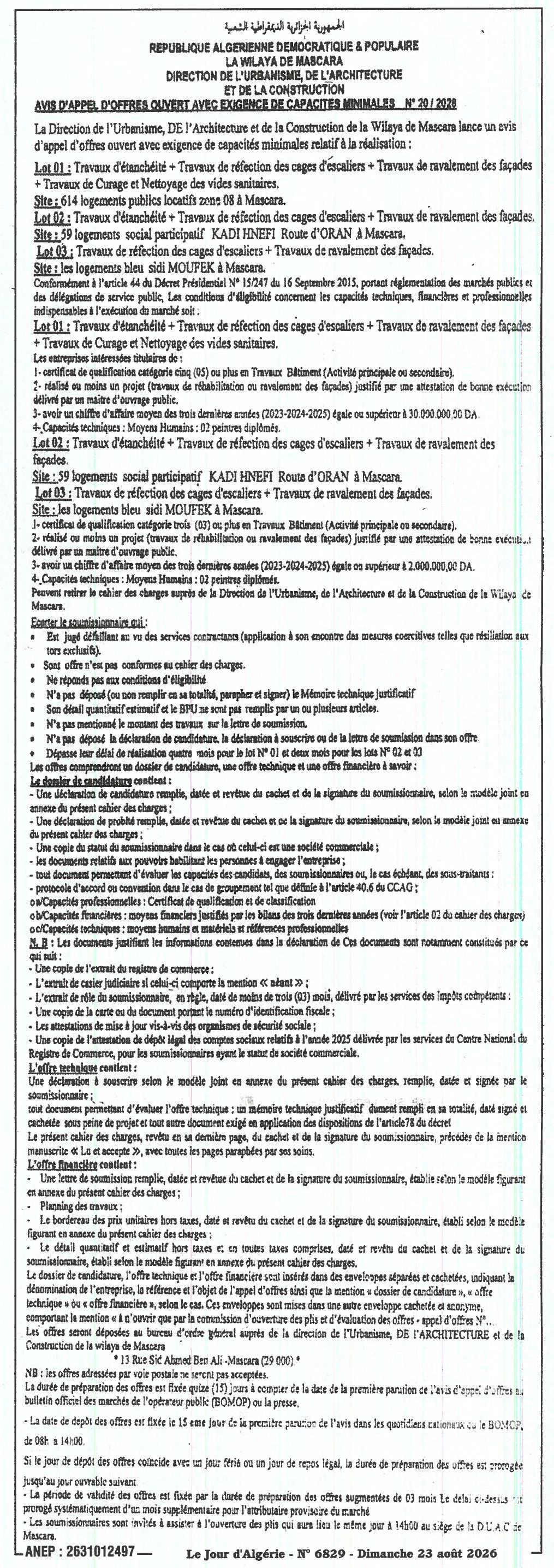 Avis d'appel d'offres ouvert avec exigence de capacités minimales pour travaux de réhabilitation de logements publics