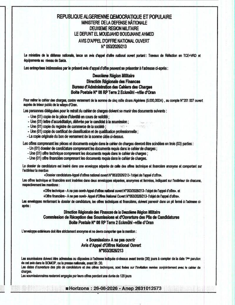 Travaux de réfection en TCE+VRD et équipements à Saïda