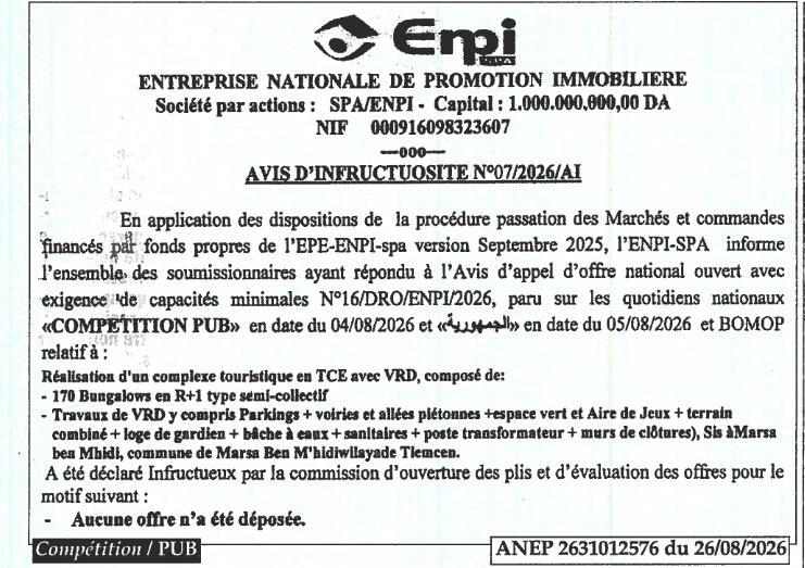 Avis d'infructuosité pour la réalisation d'un complexe touristique à Marsa Ben M'hidi