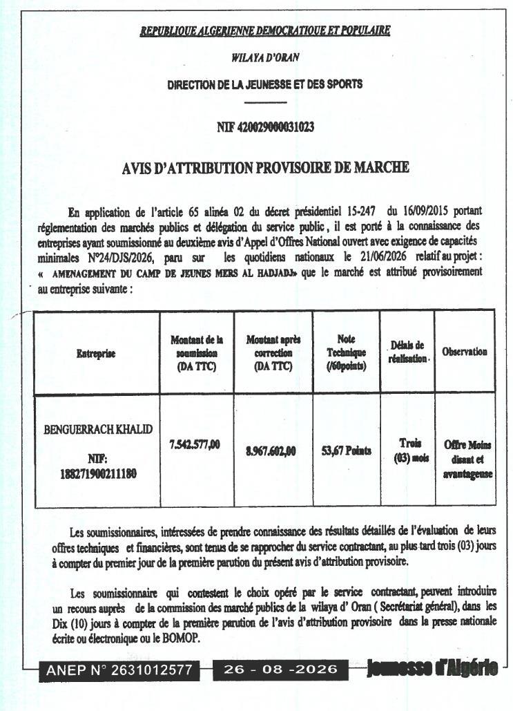 Avis d'attribution provisoire pour l'aménagement du camp de jeunes Mers El Hadjadj