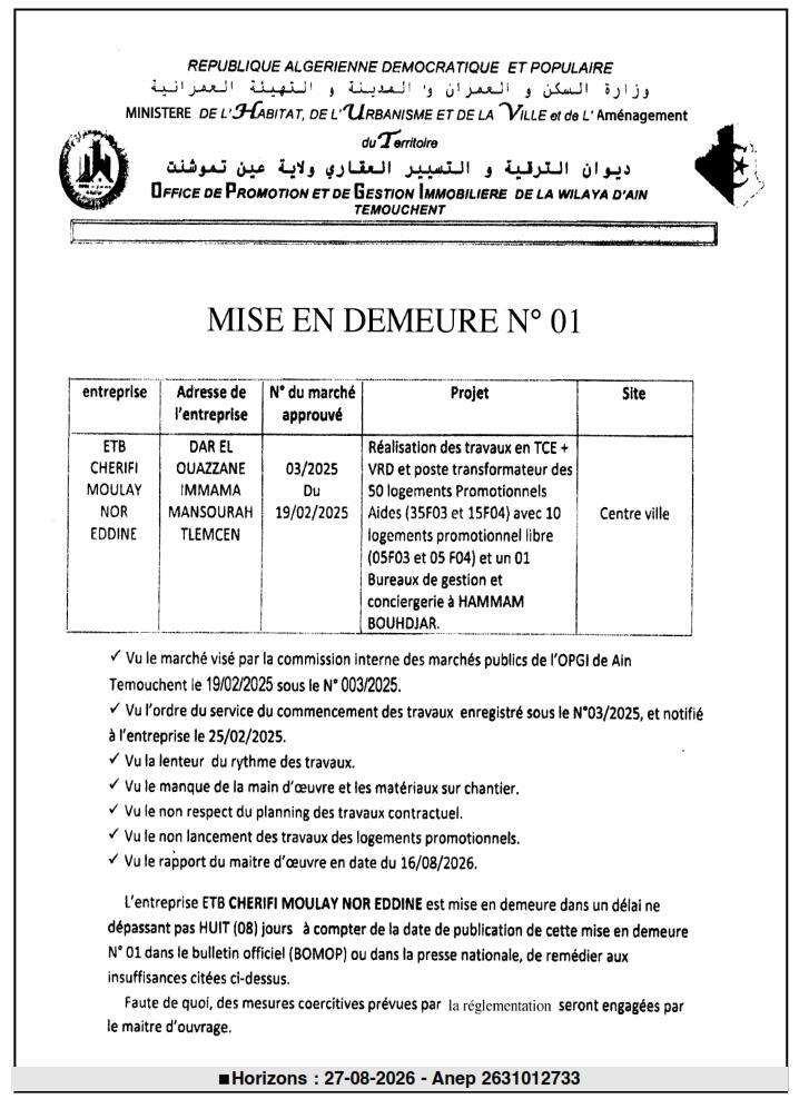 Mise en demeure relative à la réalisation de travaux de logements promotionnels