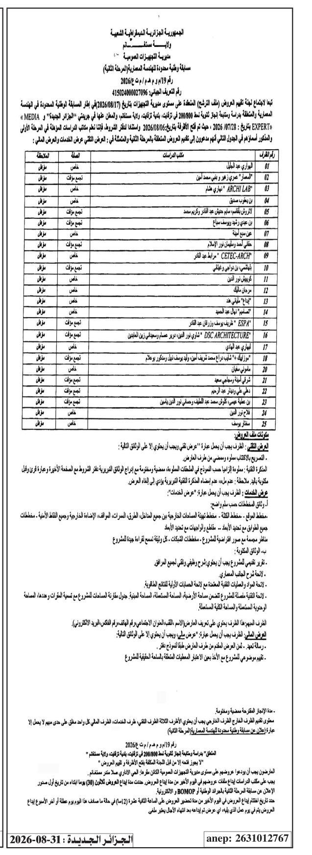 مسابقة وطنية محدودة للهندسة المعمارية (المرحلة الثانية) - دراسة وإنجاز روضة أطفال بحوالي 200 مقعدا بمدينة تلمسان
