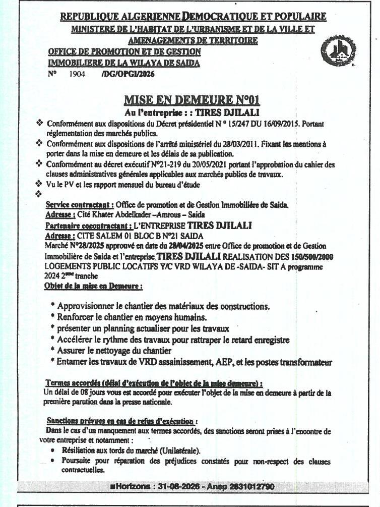 MISE EN DEMEURE N°01