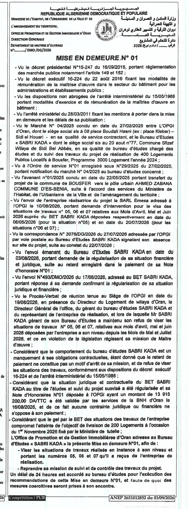 Mise en demeure relative au projet de réalisation de 400 logements publics locatifs à Bousfer
