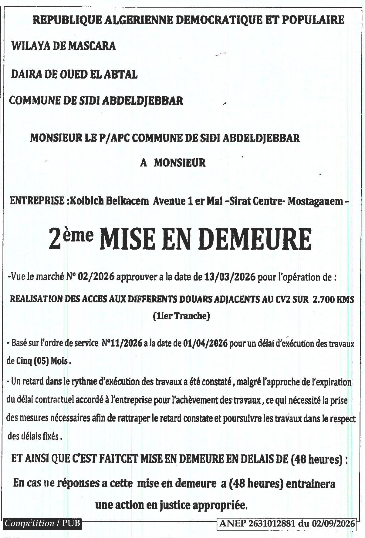2ème mise en demeure pour retard d'exécution de travaux