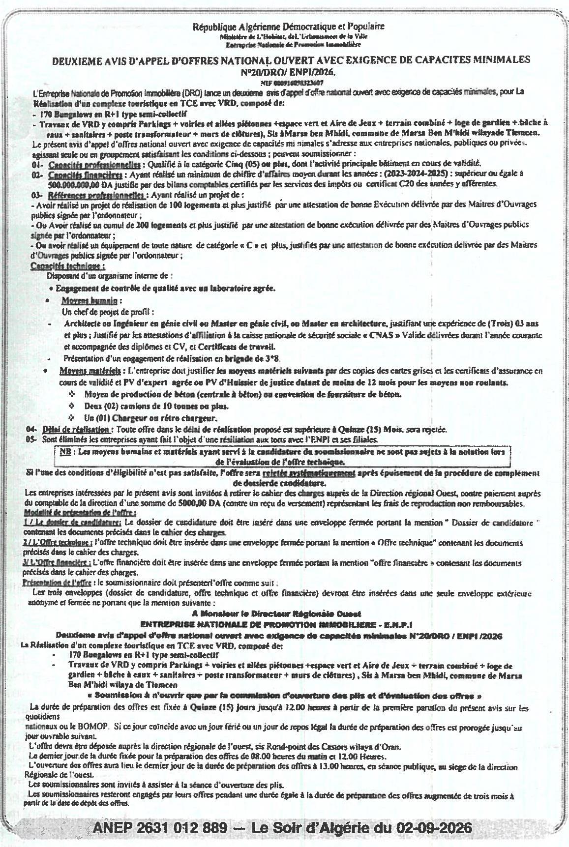 Deuxième avis d'appel d'offres national ouvert avec exigence de capacités minimales pour la réalisation d'un complexe touristique en TCE avec VRD à Marsa Ben M'hidi (Tlemcen)