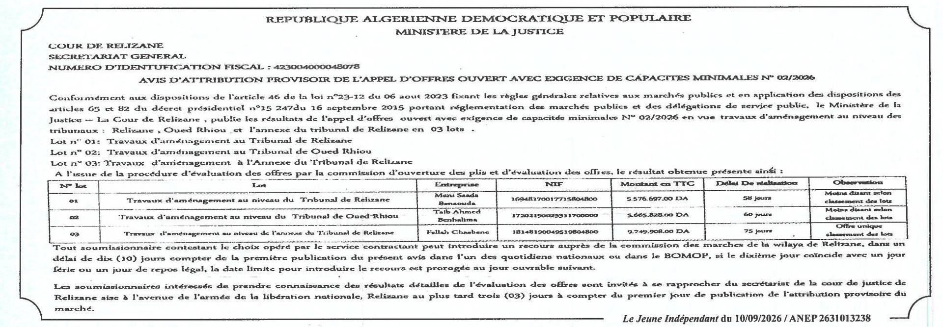 Avis d'attribution provisoire des travaux d'aménagement des tribunaux de Relizane, Oued Rhiou et son annexe