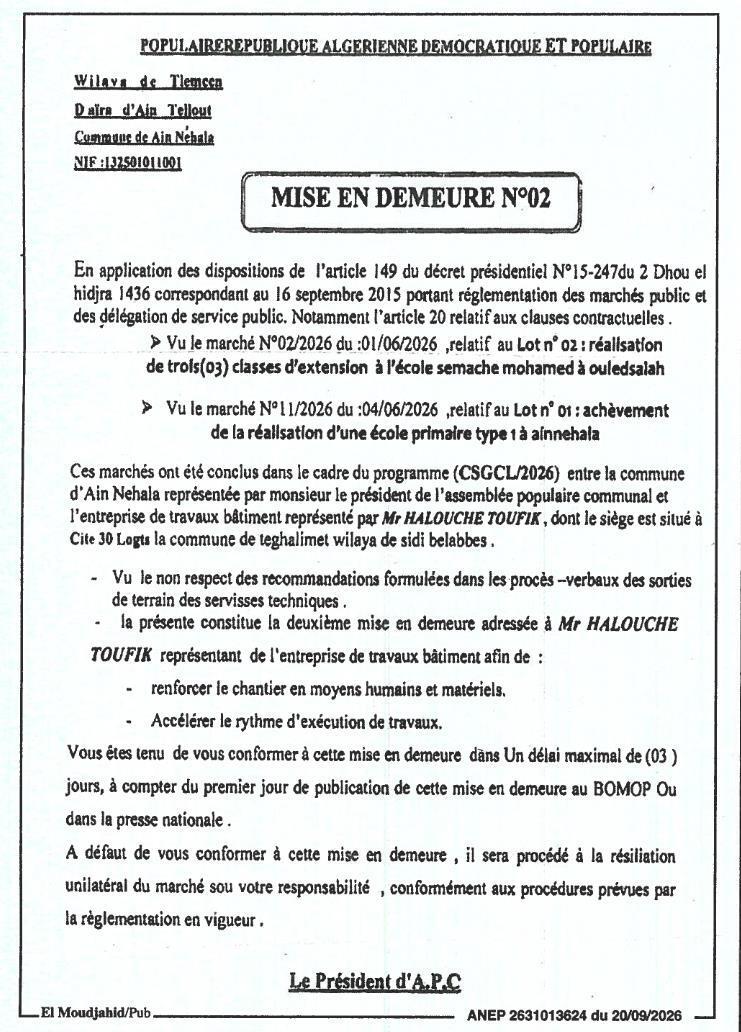 Mise en demeure relative à des travaux de construction et d'extension d'écoles