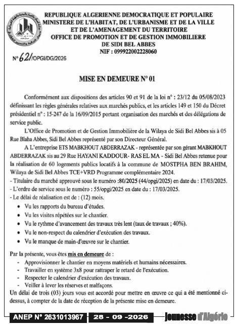 Mise en demeure pour retard dans l'exécution de travaux de 60 logements publics locatifs