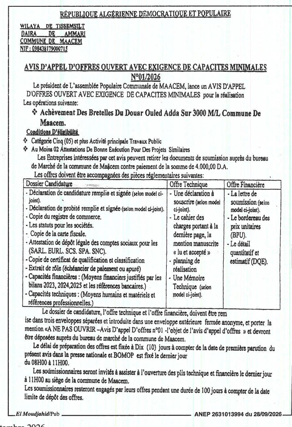 Achèvement des bretelles du Douar Ouled Adda (3000 m/l) à Maacem