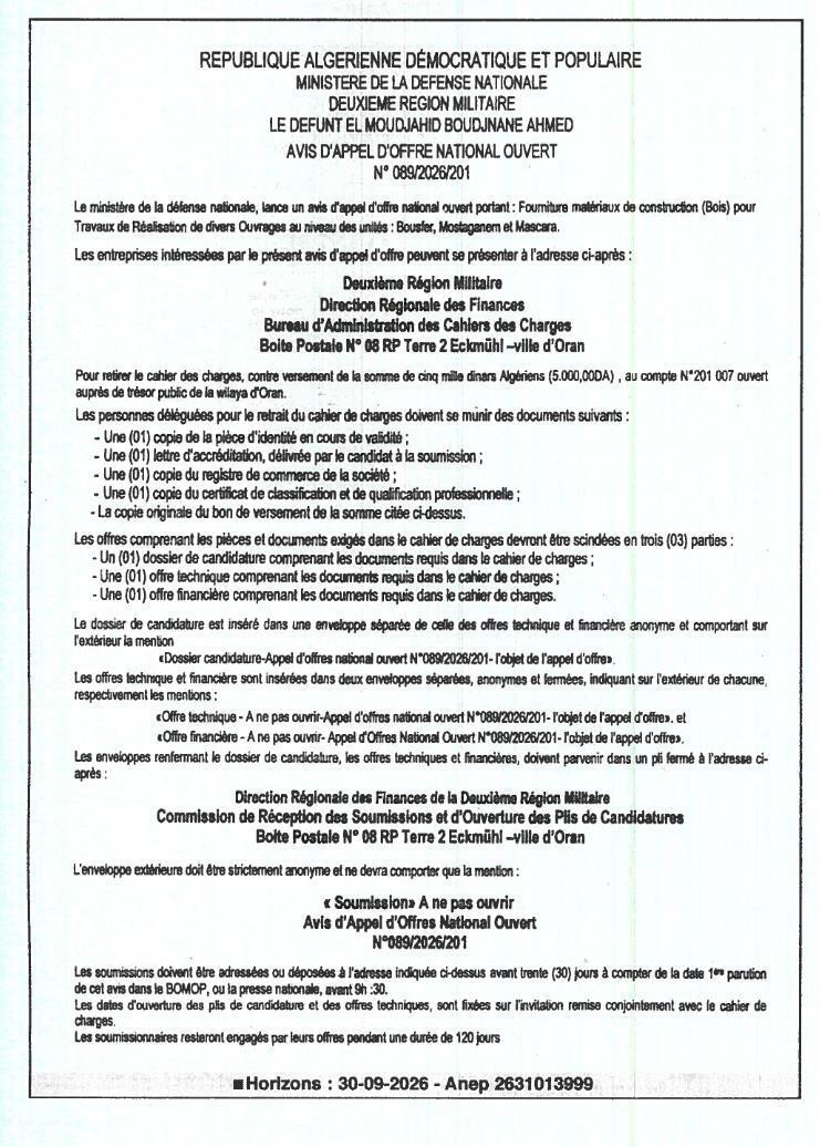 Fourniture de matériaux de construction (bois) pour travaux d'ouvrages divers
