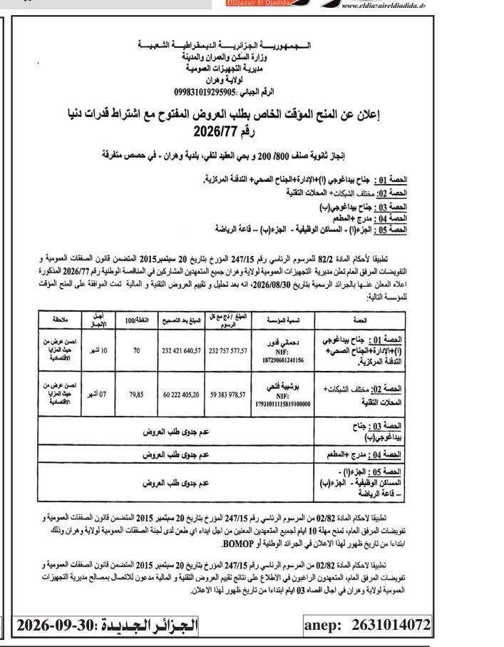 Attribution provisoire des lots pour la réalisation d'une école de 800 places et d'un bloc d'habitations à la cité de l'Oqba Tahar, Wilaya d'Oran