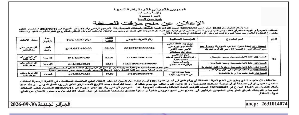 Attribution provisoire des lots de réhabilitation et d'aménagement de terrains de sport à Ain El Bey (Wilaya d'Oran)