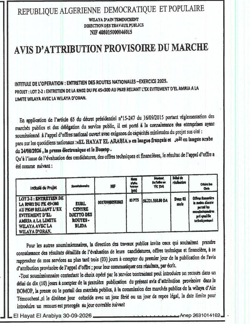 Attribution provisoire des travaux d'entretien des routes nationales (Lot 2-2 : RN02, PK 45+300 à PK 49)