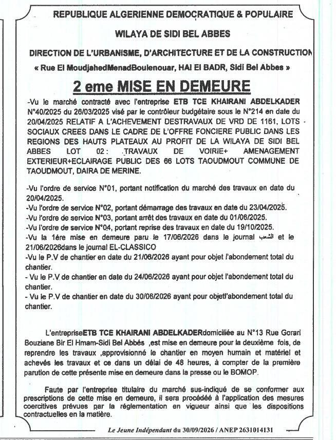 Mise en demeure pour non-achèvement des travaux de VRD et aménagements à Taoudmout