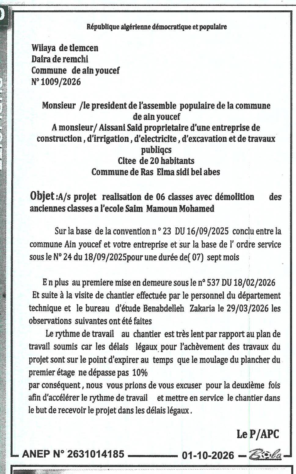 Mise en demeure pour retard dans l'exécution des travaux de construction de 6 classes
