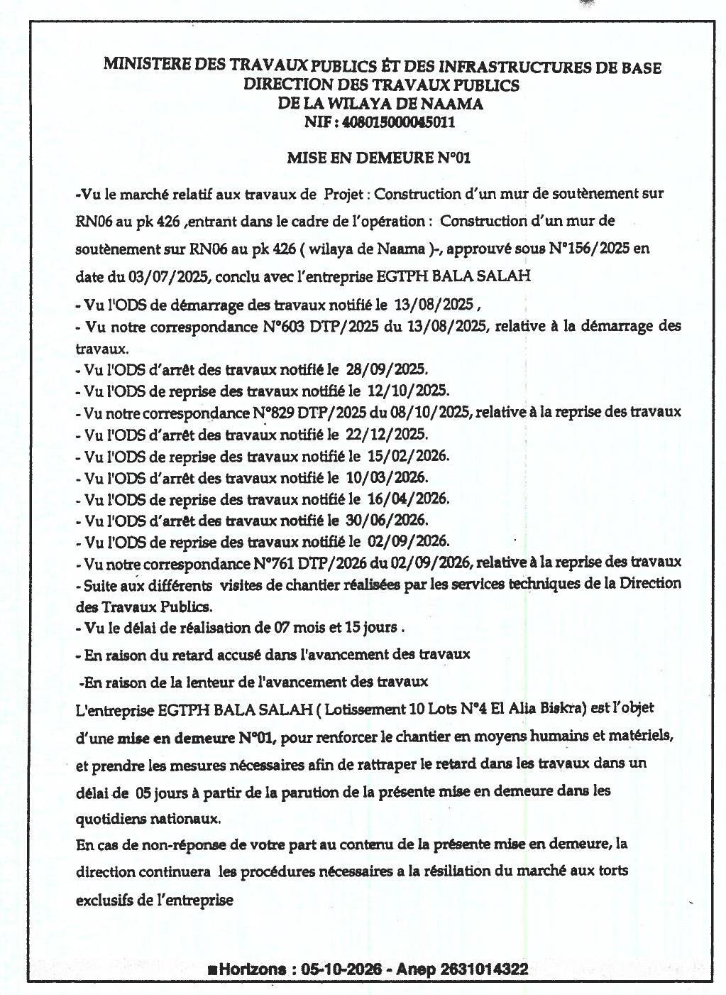 Mise en demeure pour retard dans les travaux de construction d'un mur de soutènement sur RN06 (pk 426)