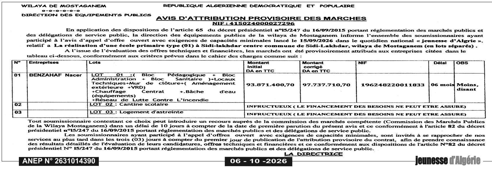 Attribution provisoire des marchés pour la réalisation d'une école primaire à Sidi-Lalchdar
