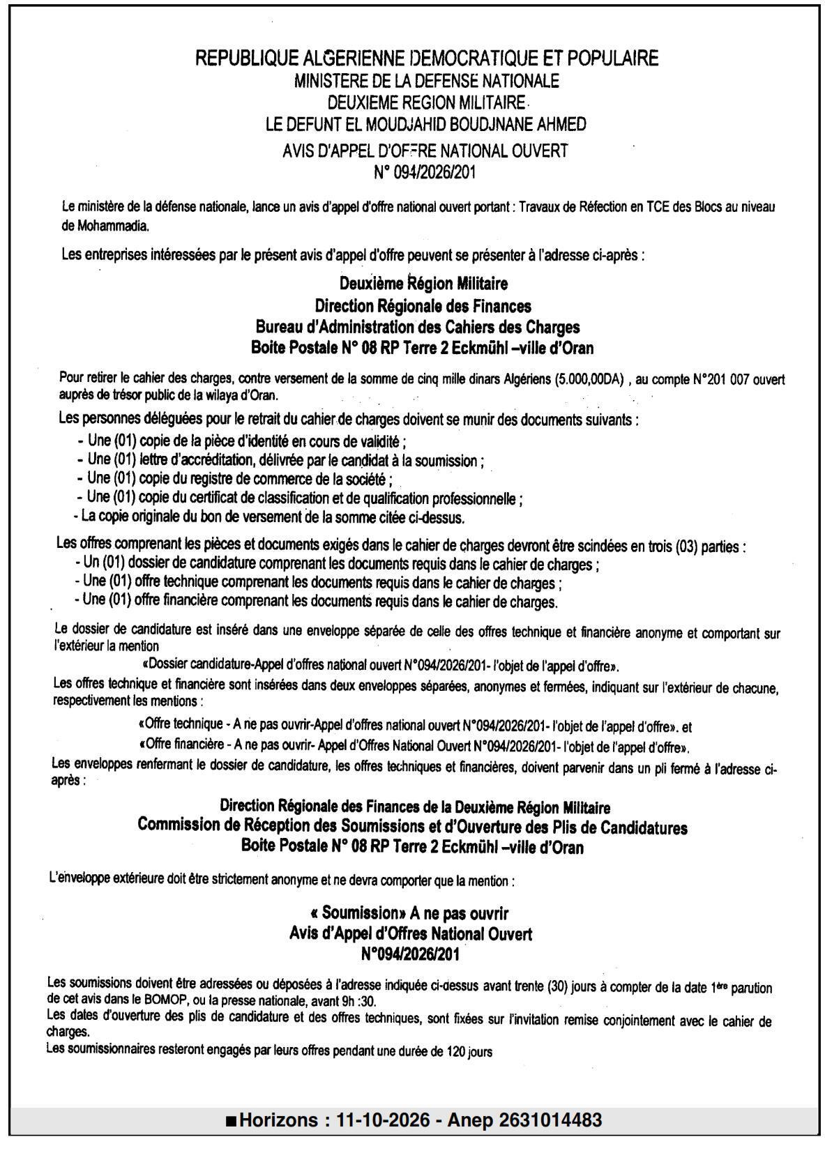 Travaux de réfection en TCE des blocs à Mohammadia
