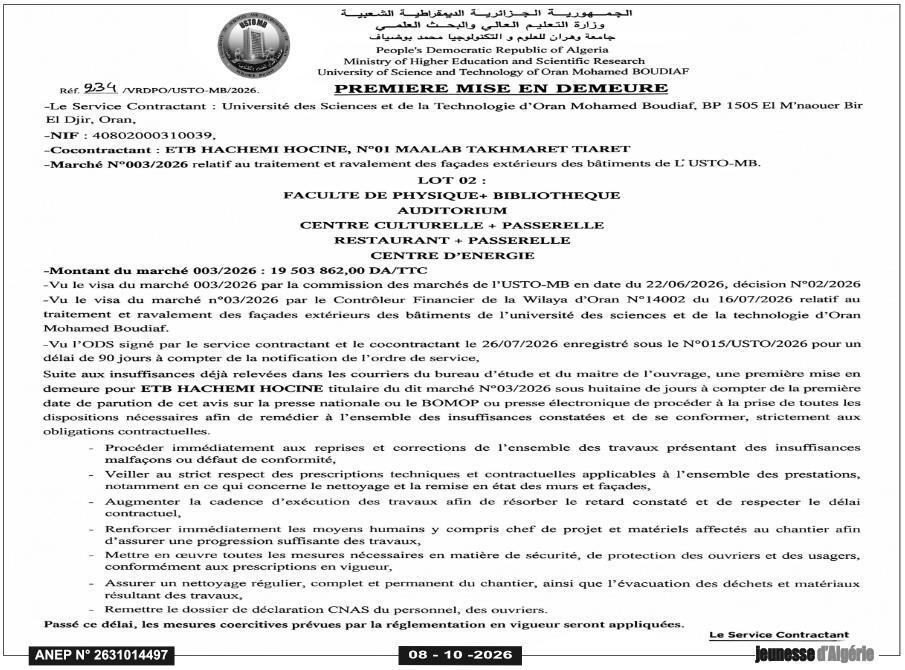 Mise en demeure pour non-respect des obligations contractuelles dans le marché de traitement et ravalement des façades