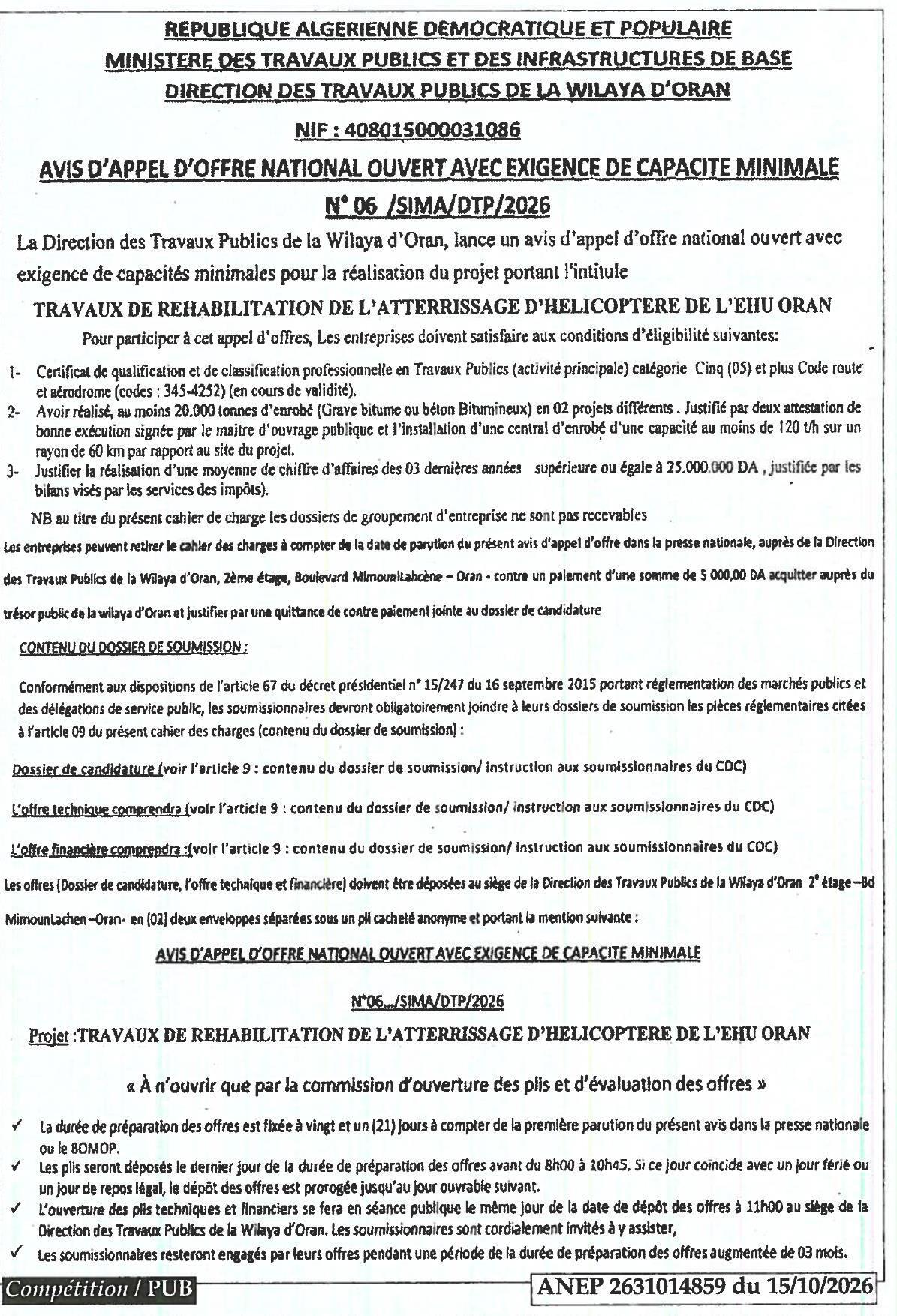 Travaux de réhabilitation de l'atterrissage d'hélicoptère de l'EHU Oran