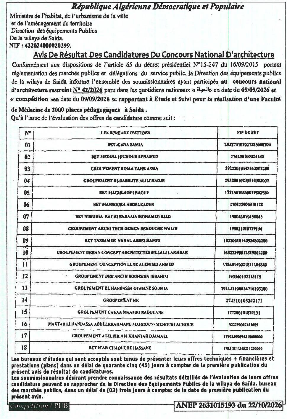 Résultat des candidatures pour le concours national d'architecture de la Faculté de Médecine de Saïda