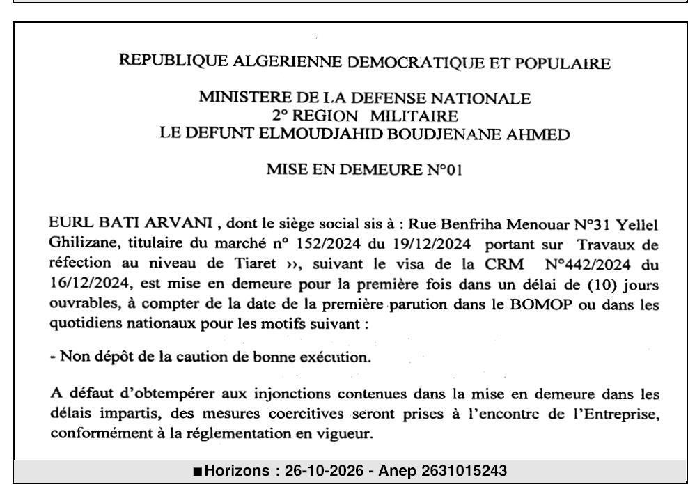 Mise en demeure pour non-dépôt de la caution de bonne exécution - Travaux de réfection à Tiaret