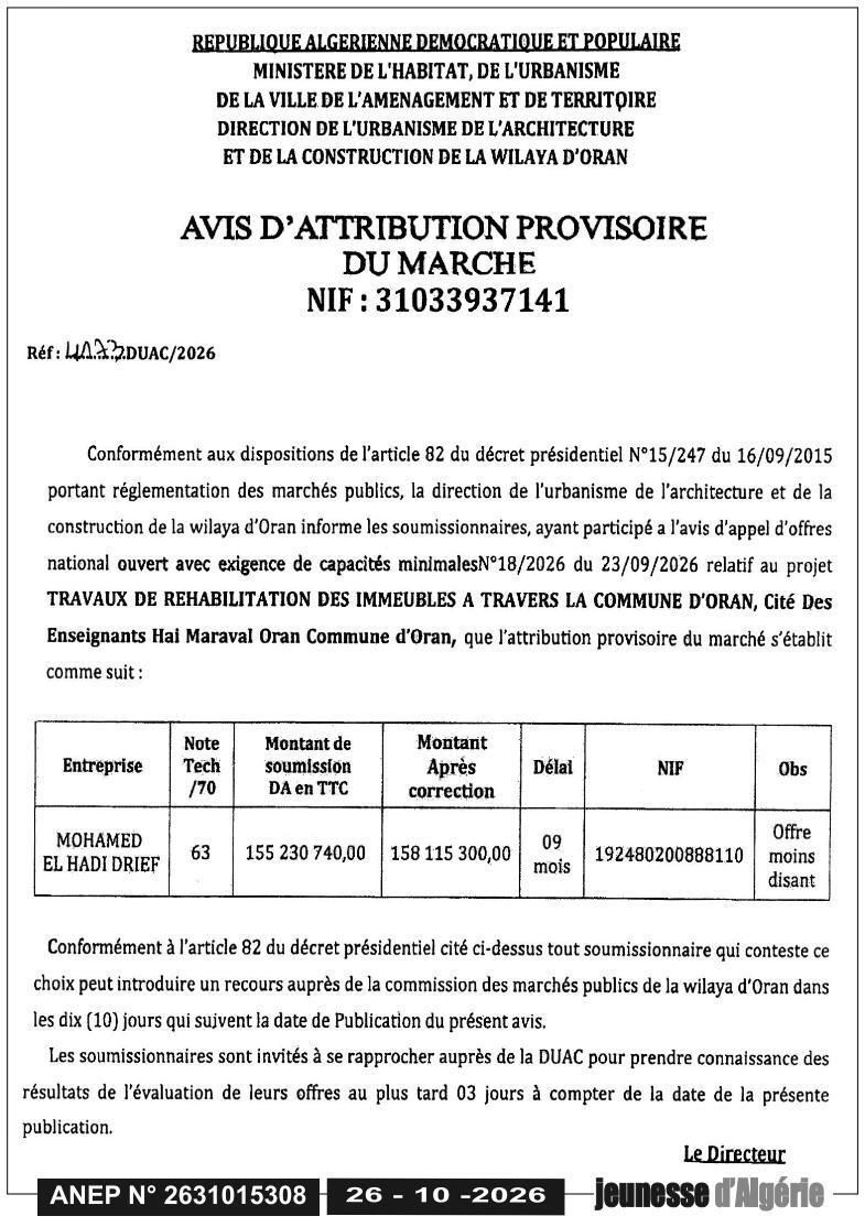Travaux de réhabilitation des immeubles à Oran (Cité des Enseignants Hai Maraval)