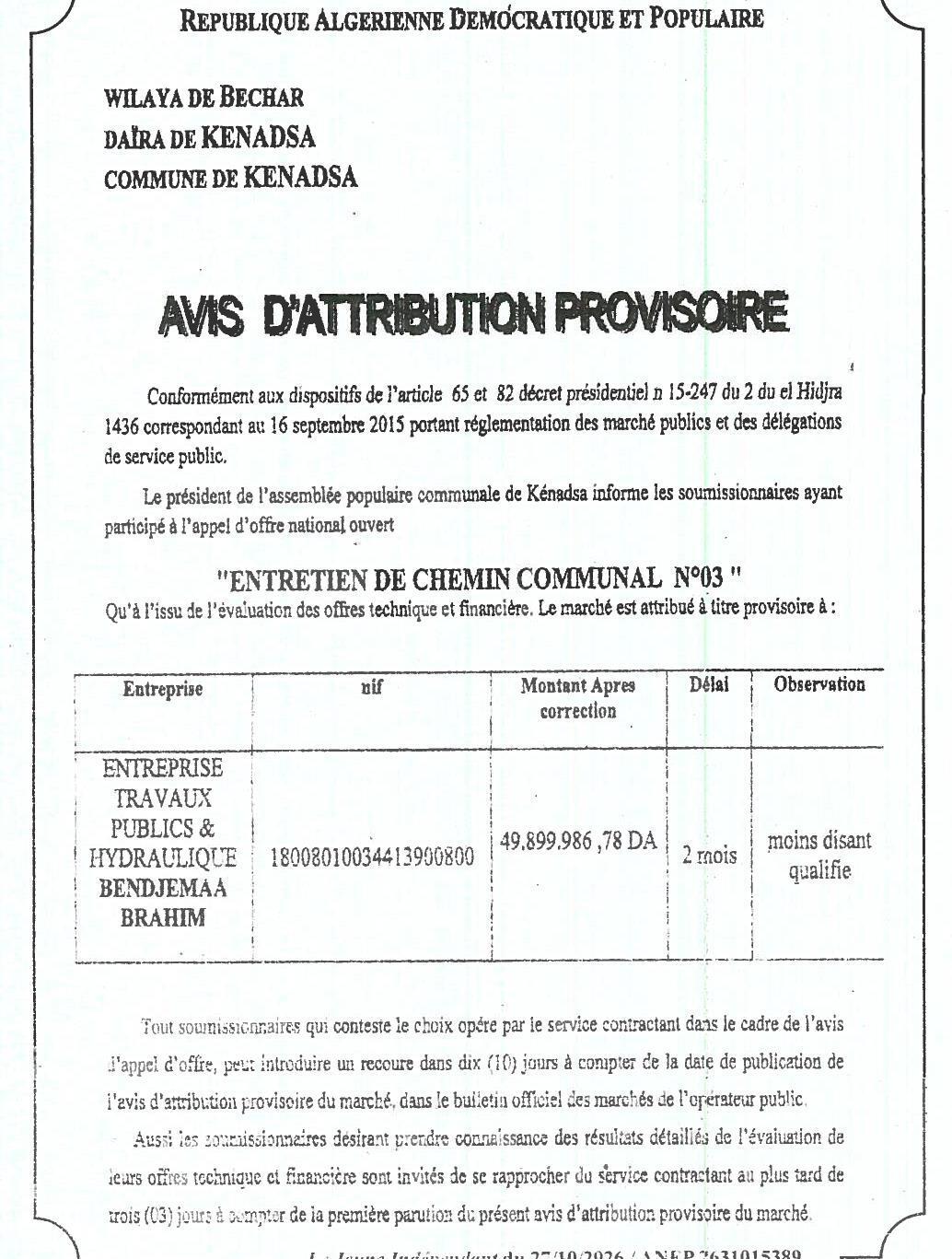 Attribution provisoire des travaux d'entretien du chemin communal n°03