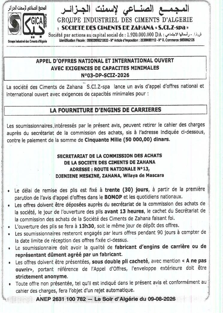 Appel d'offres national et international ouvert pour la fourniture d'engins de carrières