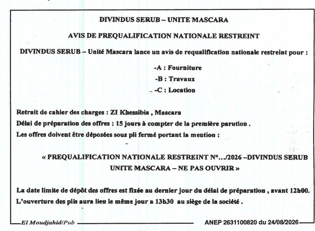 Avis de pré-qualification nationale restreint pour fourniture, travaux et location