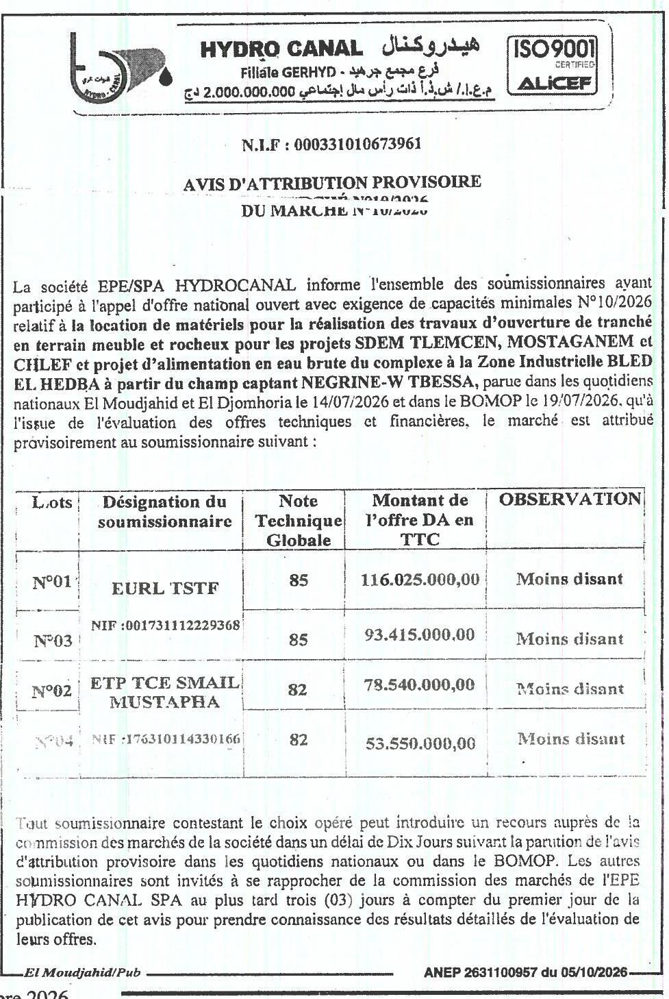 Attribution provisoire des lots de location de matériels pour travaux d'ouverture de tranchées (SDEM Tlemcen, Mostaganem, Chlef et Zone Industrielle Bled El Hedba)