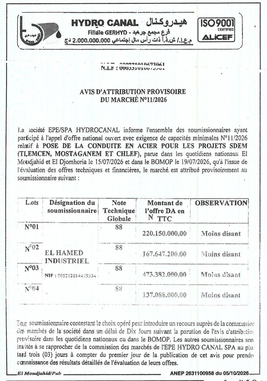 Attribution provisoire des travaux de pose de conduite en acier pour les projets SDEM (Tlemcen, Mostaganem et Chlef)