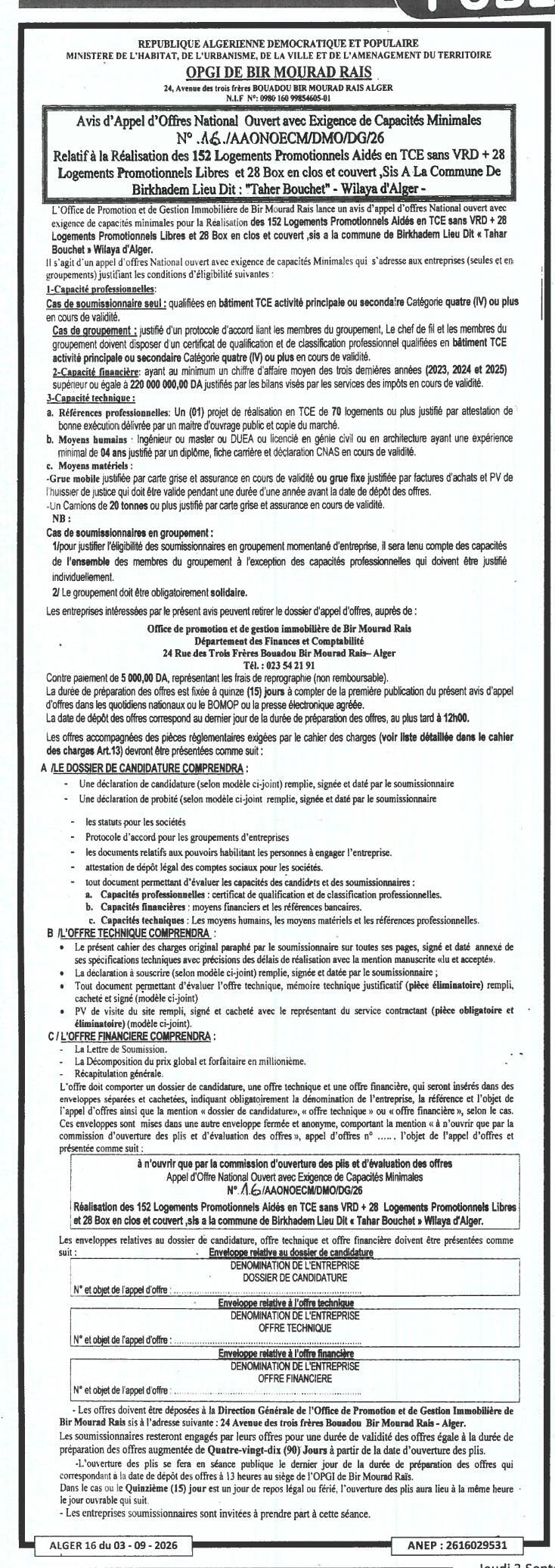 Appel d'offres national ouvert pour la réalisation de 152 logements promotionnels Aklés, 28 logements promotionnels libres et 28 box en clos et couvert à Birkhadem (Taber Bouchet)