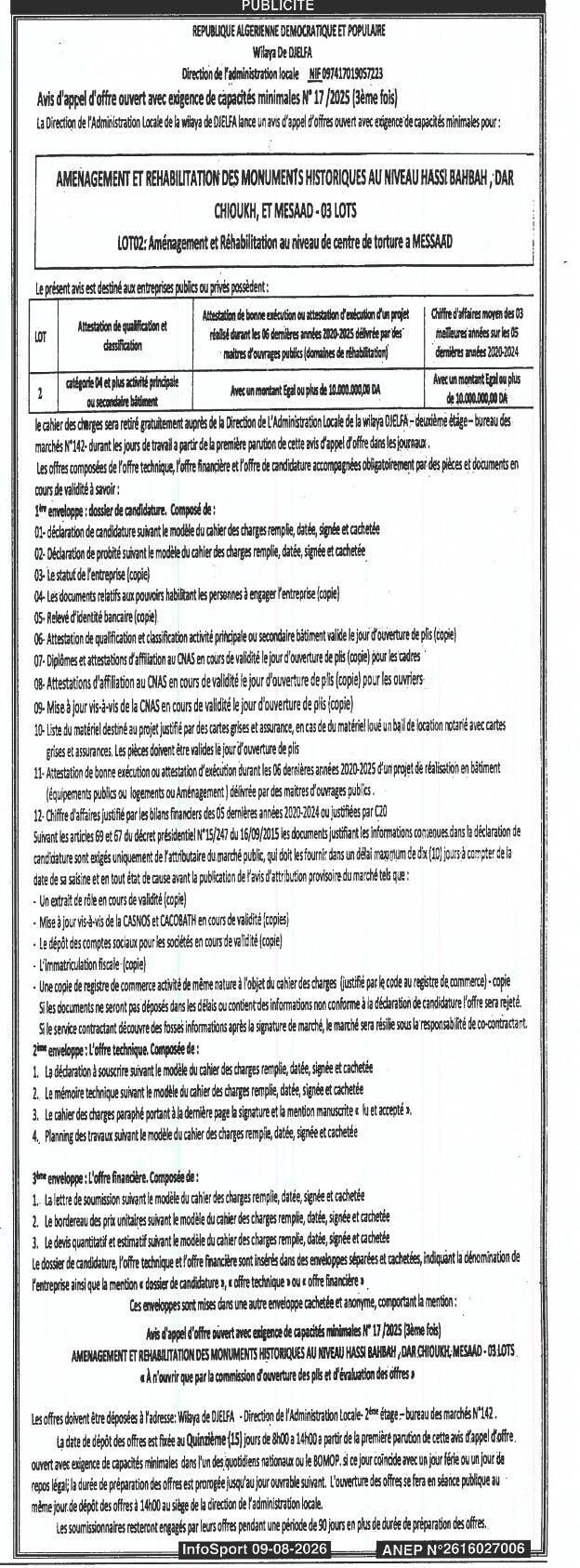 Avis d'appel d'offres national ouvert pour l'aménagement et la réhabilitation des monuments historiques à Hassi Bahbah, Dar Choukh et Messaad