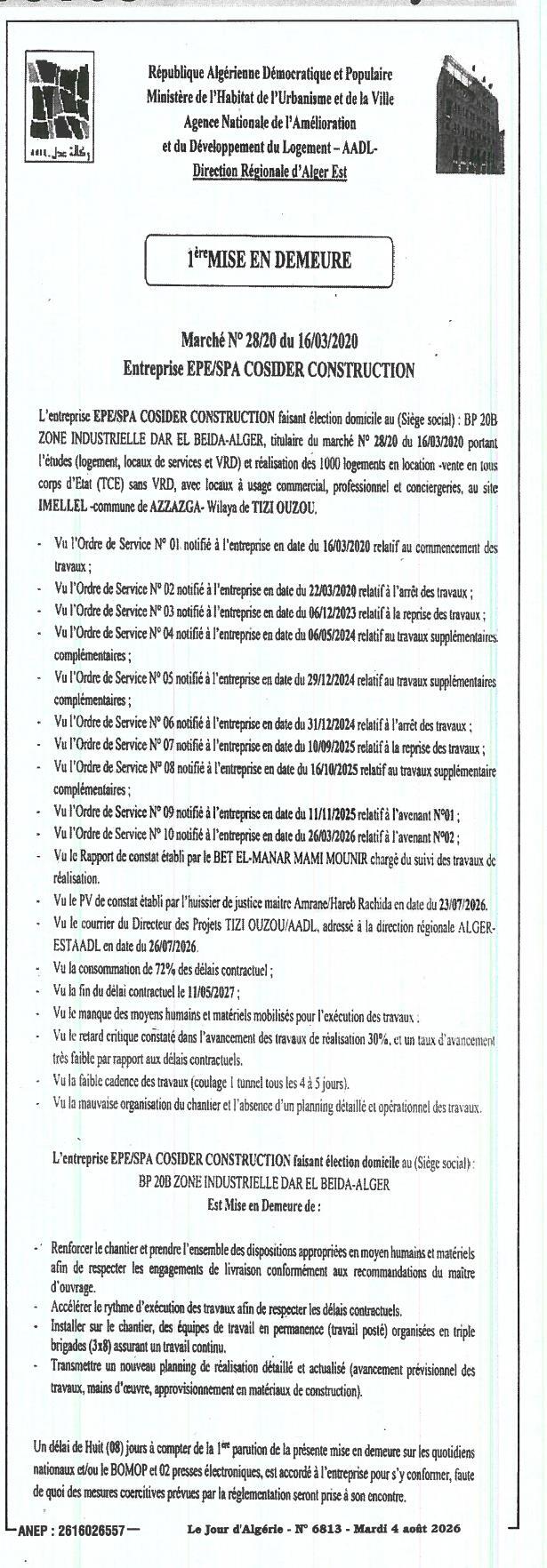 1ère Mise en demeure relative au marché N° 28/20 du 16/03/2020 pour la réalisation de 1000 logements en location-vente