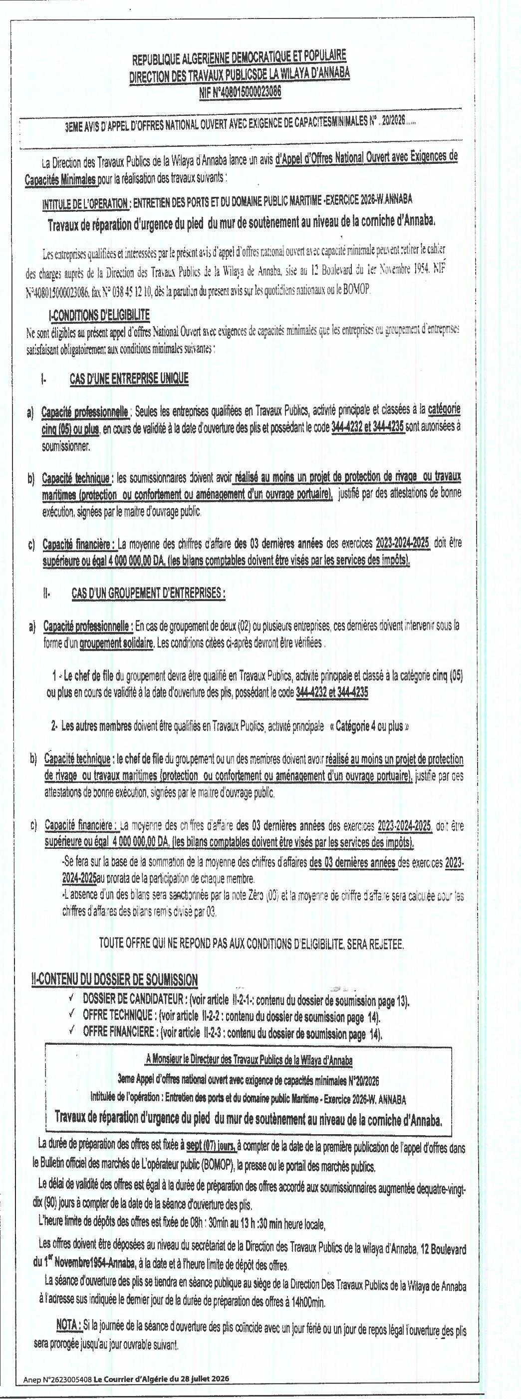 Travaux de réparation d'urgence du pied du mur de soutènement au niveau de la comiche d'Annaba