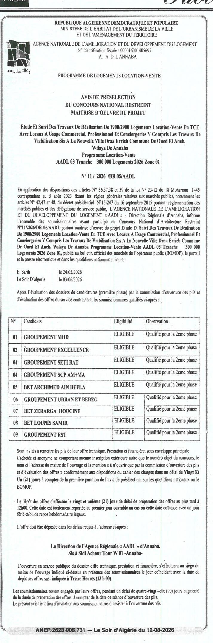 Avis de présélection pour maîtrise d'œuvre d'étude et suivi de travaux de réalisation de logements location-vente
