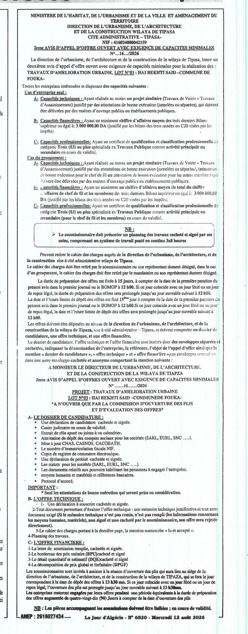 2ème avis d'appel d'offres ouvert avec exigence de capacités minimales pour travaux d'amélioration urbaine - Lot N°03 : Hai Bekhti Said - Commune de Foura