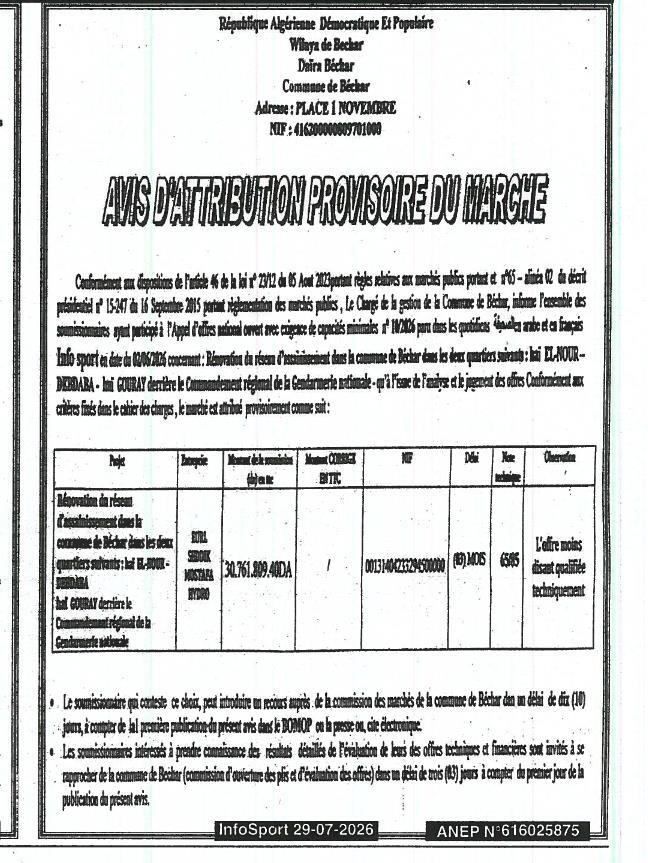 Avis d'attribution provisoire - Réservation du réseau d'assainissement dans la commune de Béchar